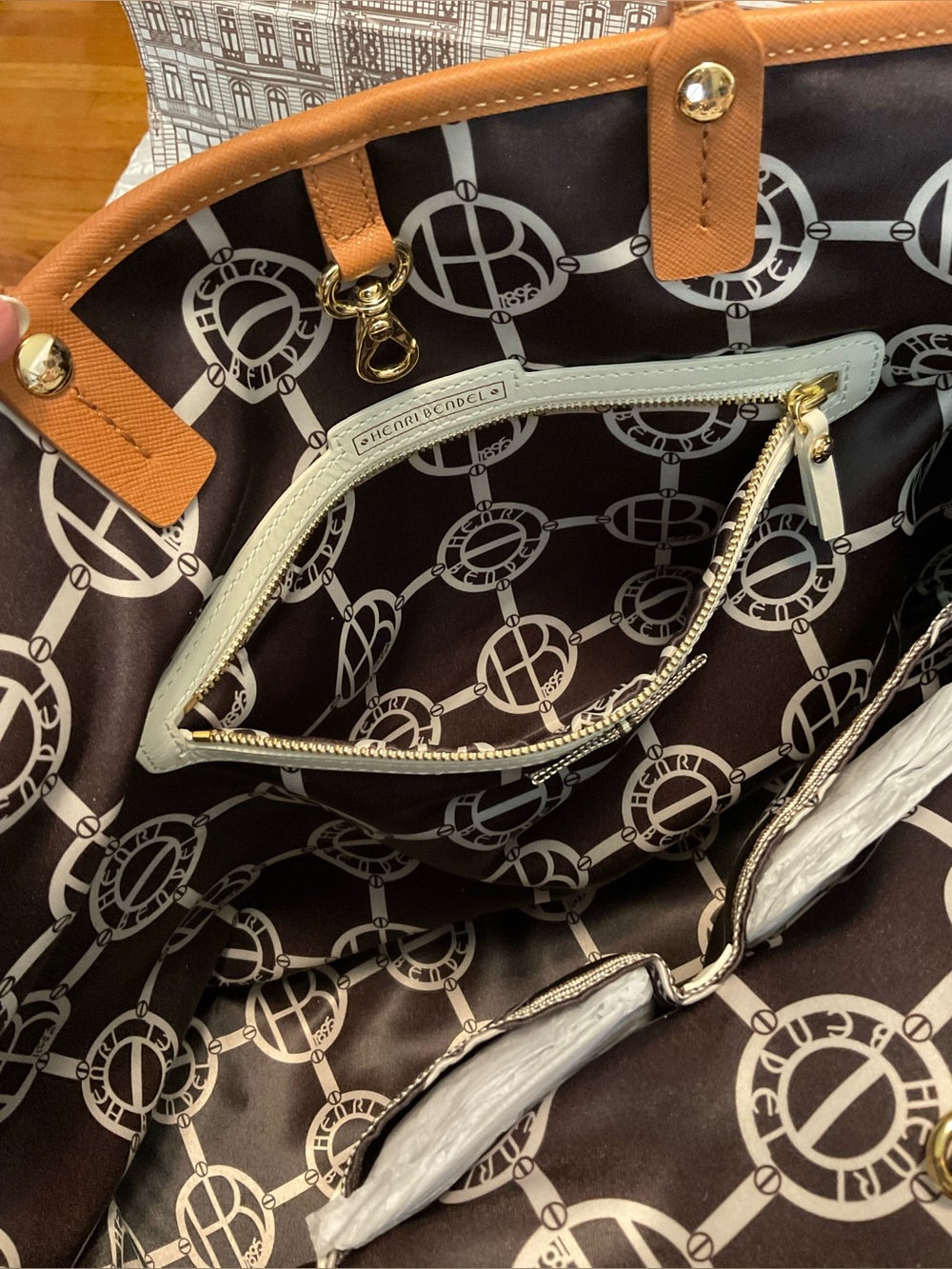 Henri Bendel Mink and Silver Premium Stripe Tote with  Chestnut Saffiano Trim - Picture 13 of 16